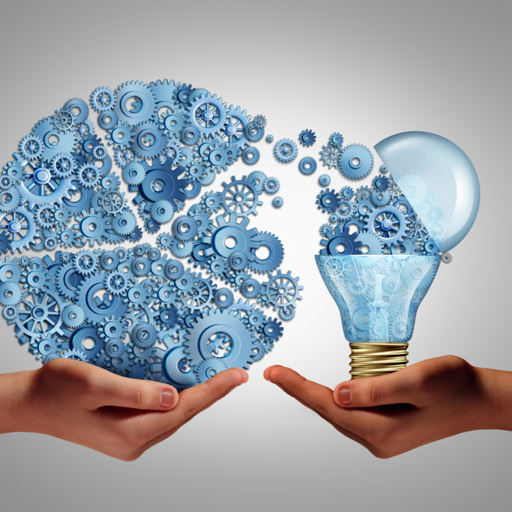 הדמייה גלגלי שיניים יוצאים מתוך נורה ומרכיבים עוגת נתונים